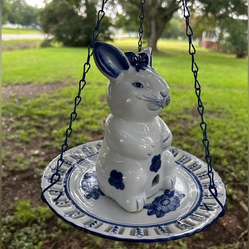 Rare and Unique Blue & White Porcelain Bunny Rabbit Bird Feeder
